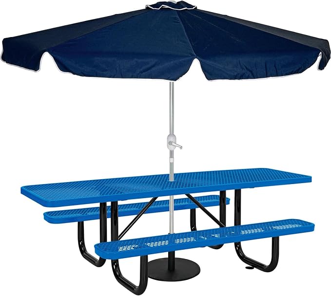 Global Industrial 8'L Rectangular Picnic Table, ADA Compliant, Expanded Metal, Blue Thermoplastic Coating, Attached Benches, 1-1/2” Umbrella Pole Hole, Outdoor-Rated