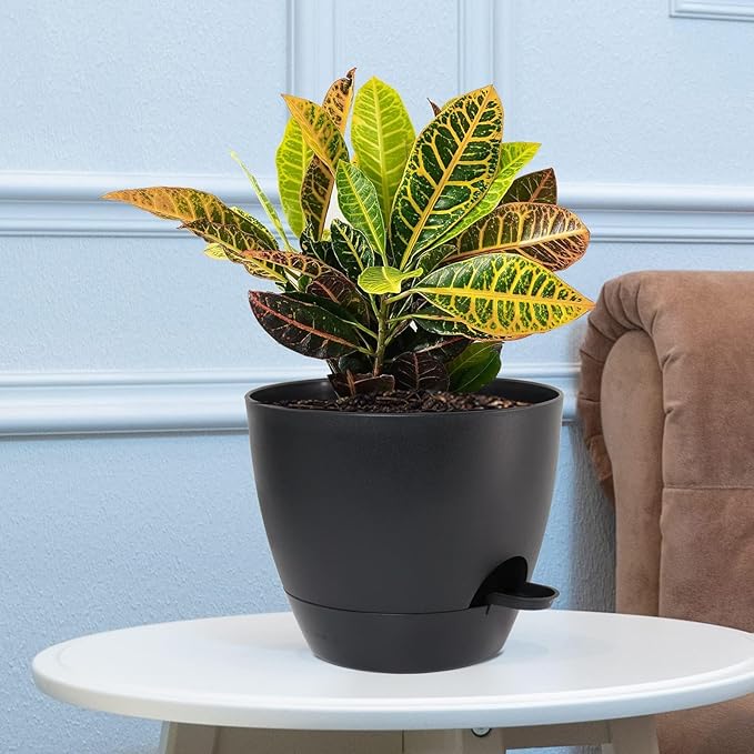 10/9/8 inch Self Watering Pots, Set of 3 Plastic Planters with Mesh Drainage Holes and Deep Reservoir for Indoor Outdoor Garden Plants and Flowers, Black
