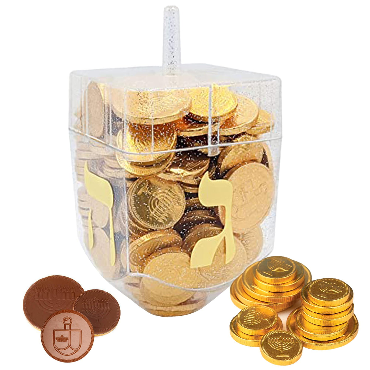 The Dreidel Company Jumbo Hanukkah Dreidel Filled with Chocolate Gelt Coins, Chocolate Half Dollar Coins, Chanukah Gelt, Kosher (Pack of 4)