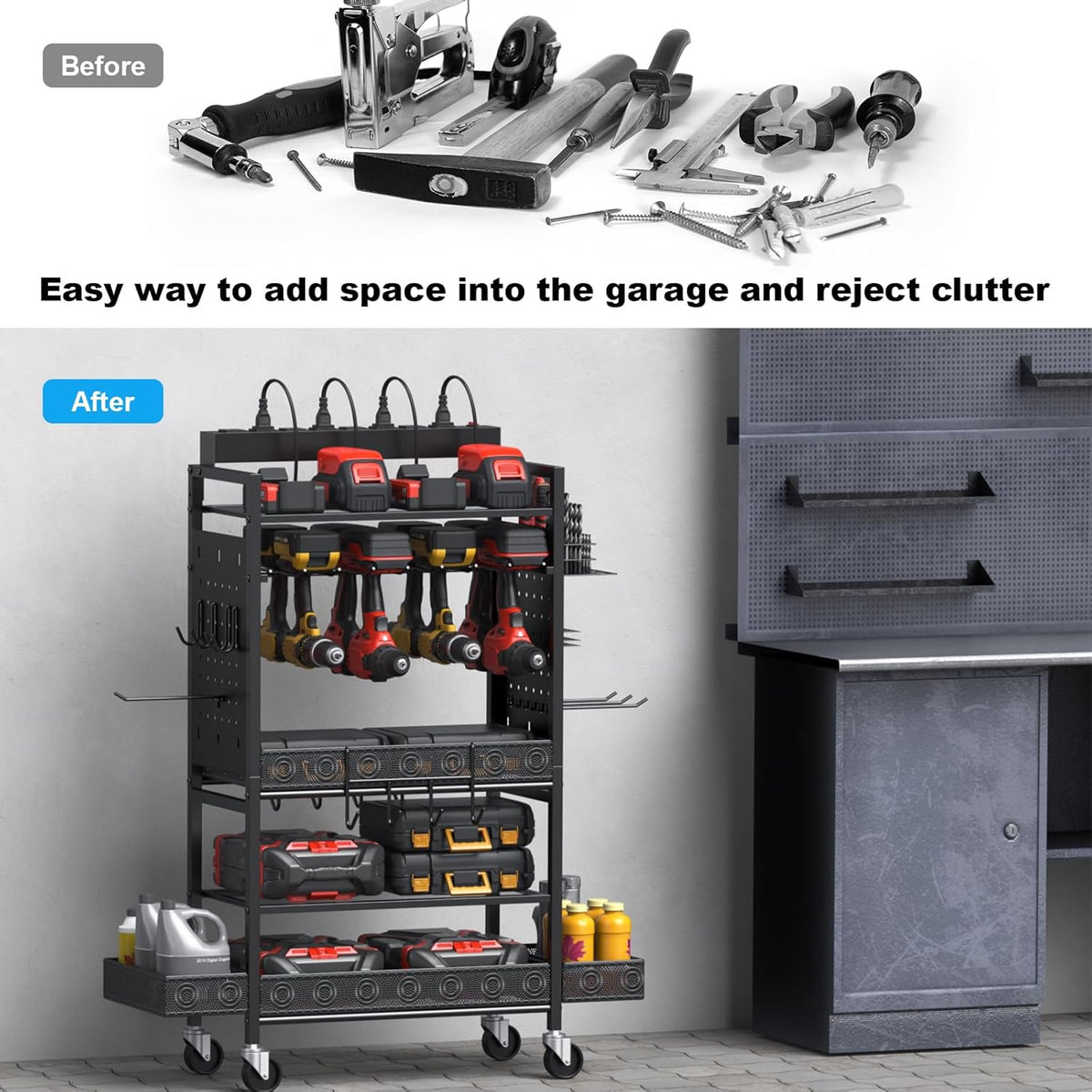 CCCEI Garage Power Tools Organizer Cart with Charging Station, Black Floor Standing Rolling Drill and Tools Battery Storage Cart on Wheels. Utility Rack Gift for Men, Husband, Father.