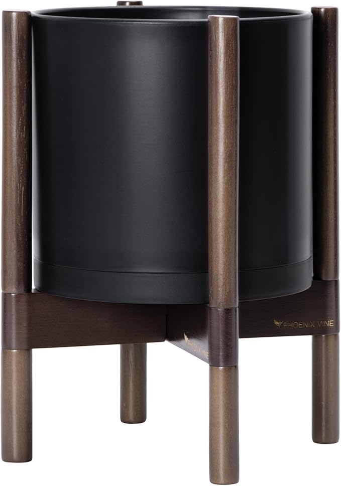 D'vine Dev Planter Pot with Stand - 10 Inch Plastic Cylinder Flower Pot with Wood Planter Holder for Indoor, Matte Black Pot + Walnut Color Stand, 55-C-L-2