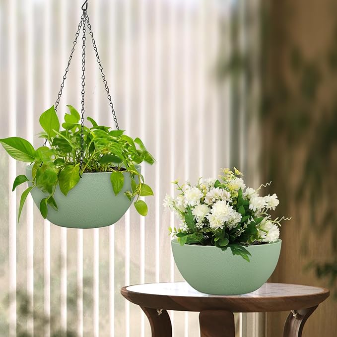 10 inch Hanging Planters Plant Pots for Indoor Outdoor Plants, 2 Pack Hanging Flower Pots with Drainage Holes and Chain for Garden Porch, Plastic Hanging Baskets for House Plants, Green