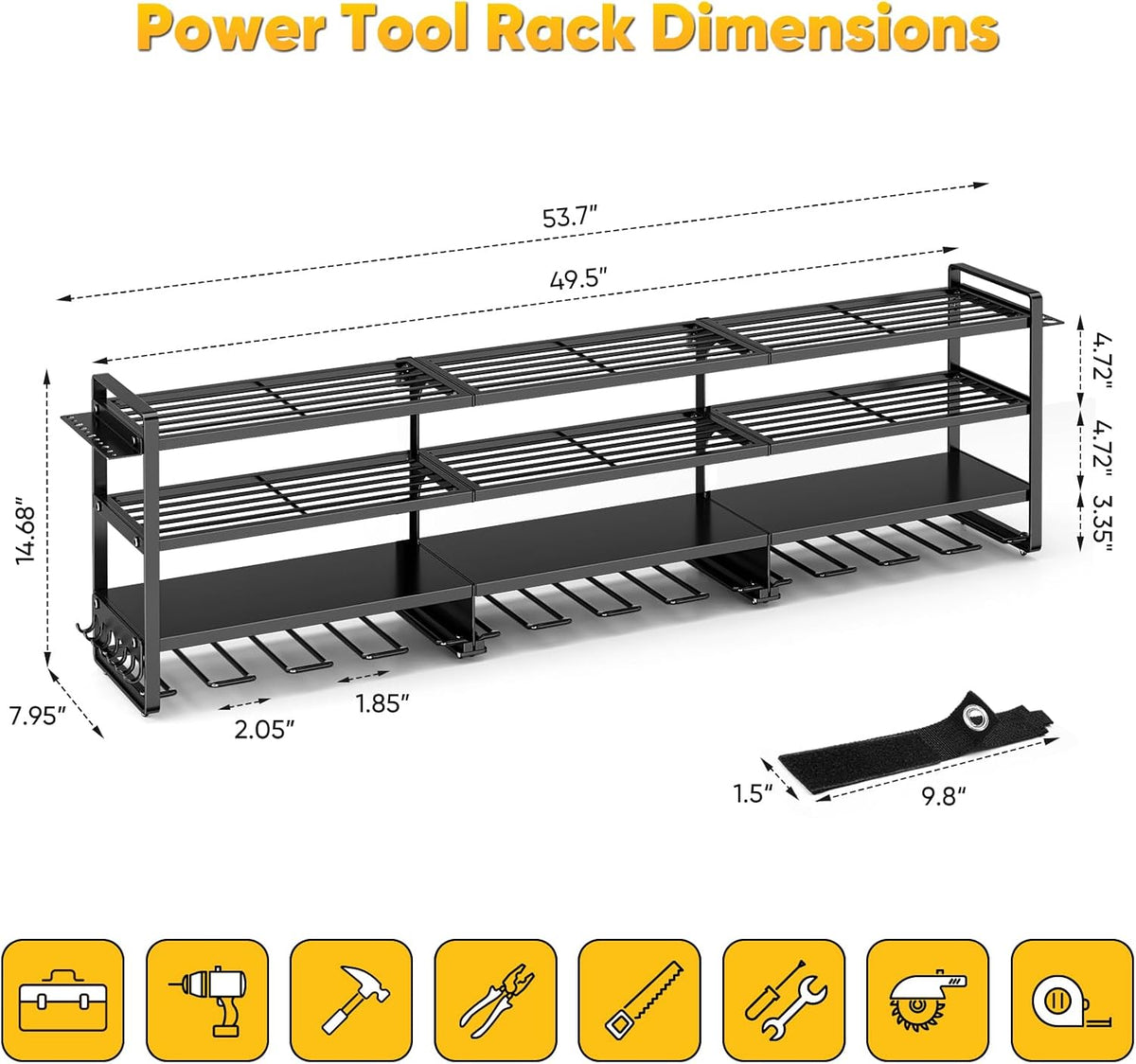 49" W Large Power Tool Organizer Wall Mount Loads 600 lbs, Heavy Duty 4-Tier 12 Drills Holder, Cordless Tool Storage Battery Shelf, Utility Racks for Garage Workshop Shed, Gifts for Men Husband