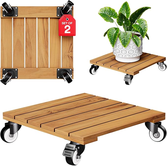 Idzo 2-Pack 12 Inch Acacia Wood Rolling Square Plant Caddy for Plant Pots, Heavy Duty Plant Stand with 360° Lockable Wheels, 264 lbs Capacity Caddy for Indoor and Outdoor Use, Natural Wood