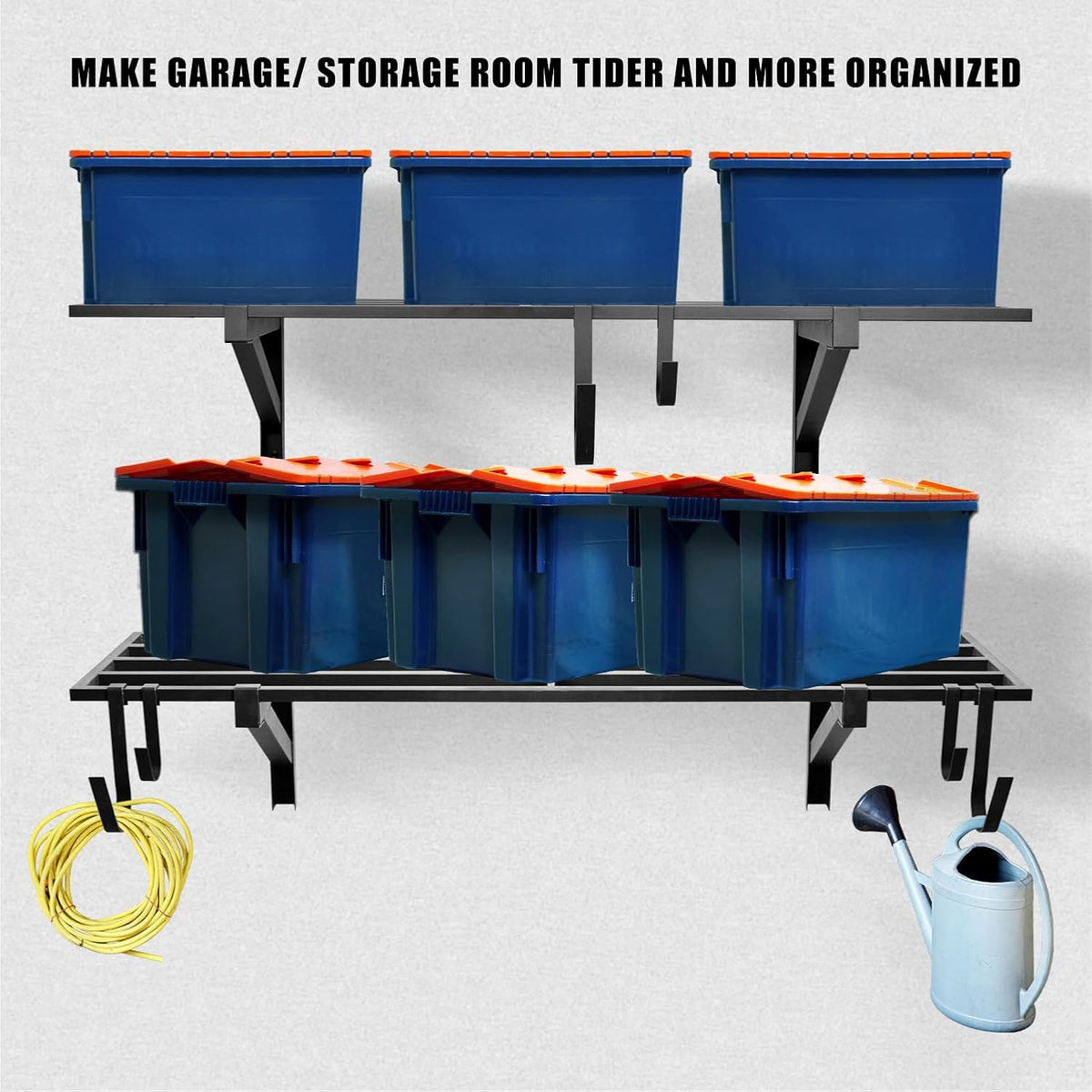 2 Pack Heavy Duty Garage Wall Shelving, 1' x 4' Wall Mount Storage, Holds 200 lbs Each, Garage Shelving Wall Mounted, Storage Rack with Hooks (Black)
