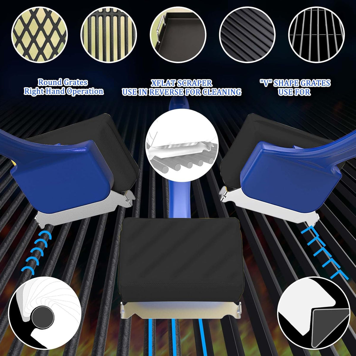 Blue Grill Brush Bristle Free, Replaceable BBQ Cleaning Head Accessories Cleaner, Black Wavy Pad Perfect for Stainless Steel, Porcelain, Cast Iron Grates Round Rectangle Grates