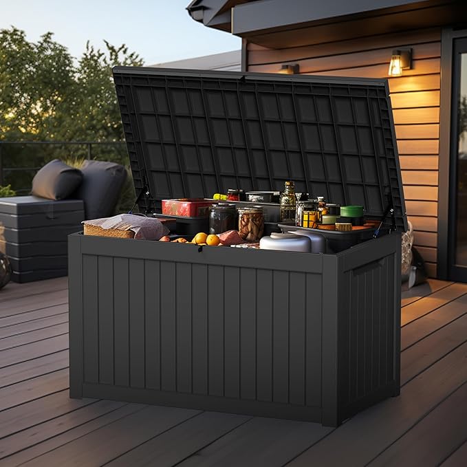 230 Gallon Outdoor Deck Box,Storage Lockable Waterproof Patio Furniture,Garden Tools,Cushions,Pool Accessories Outside Storage Resin Box(Black)