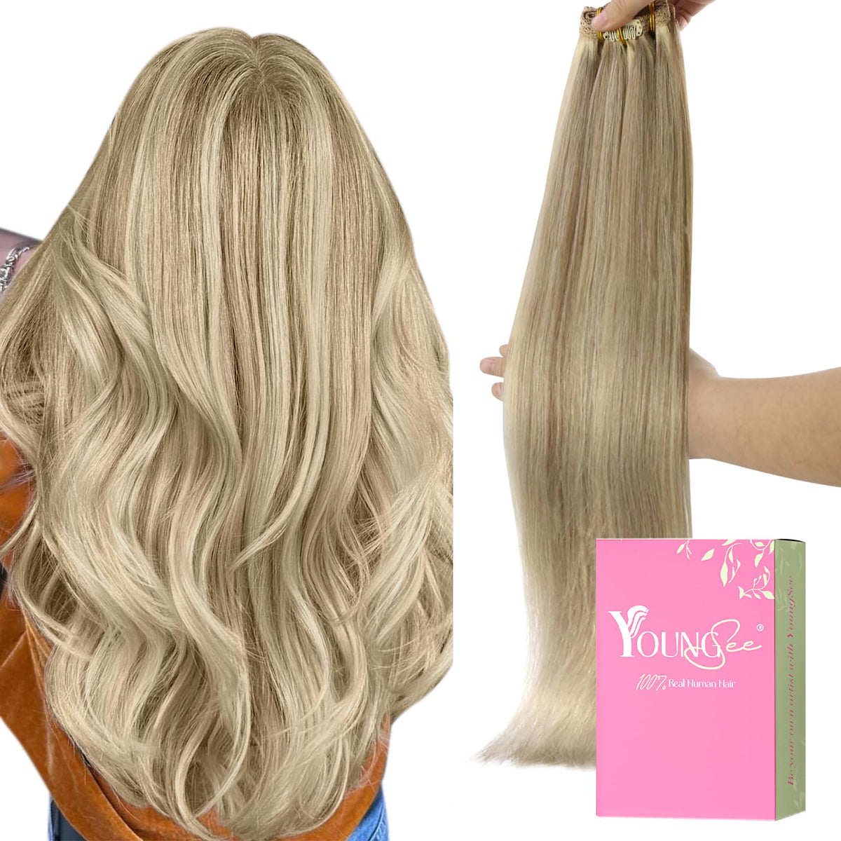 Youngsee Clip In Hair Extensions Blonde Clip On Hair Extensions Human Hair Dark Ash Blonde Highlights Golden Blonde Clip In Hair