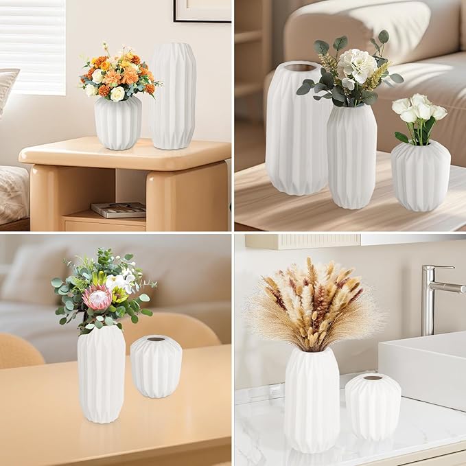 Ceramic Vase Set of 3, White Vase for Modern Home Decor, Decorative Vases for Bouquet Pampas Grass Dried Flowers, Living Room, Bedroom, Bathroom, Shelf Centerpiece Table Decorations