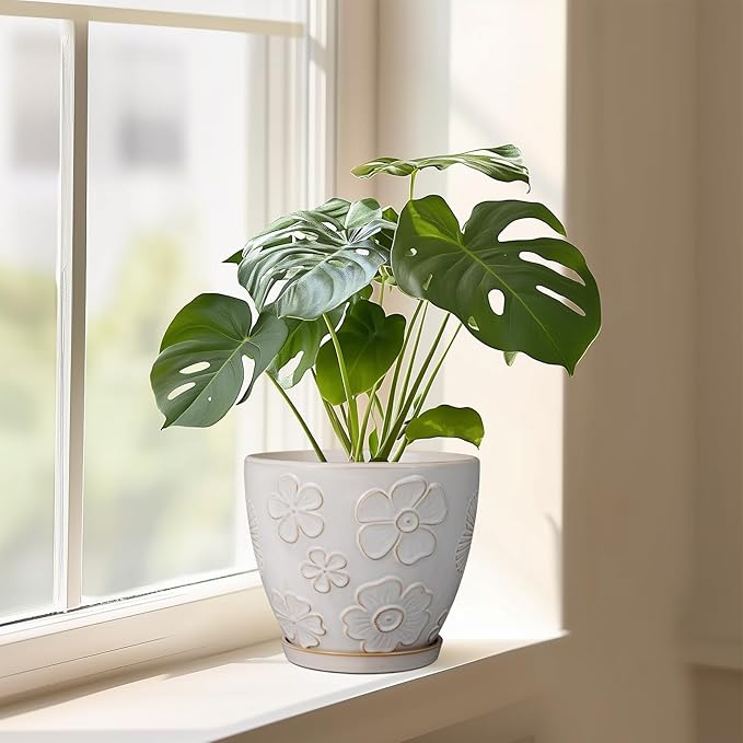 Ceramic Planter 8 Inch Plant Pot with Drainage Hole and Saucer Ceramic Pots for Indoor Plants Outdoor Large Flower Pot for Home Decor White