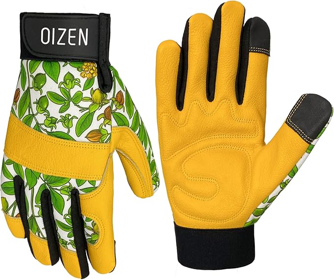 Cowhide Leather Thorn Proof & Puncture Resistant Gardening Gloves for Women, Touchscreen Compatible Working Gloves for Weeding, Digging, Planting, Gardening Gifts for Women (Green bellflowers, Medium)