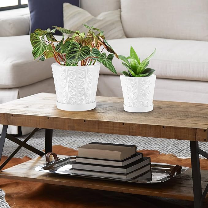 EFISPSS Ceramic Plant Pots, 5+6 Inch Pots for Indoor Plants, Planters with Drainage Holes and Tray, Modern Flower Pots Gardening Home Desktop Office Windowsill Decoration Gift Set of 2 - White
