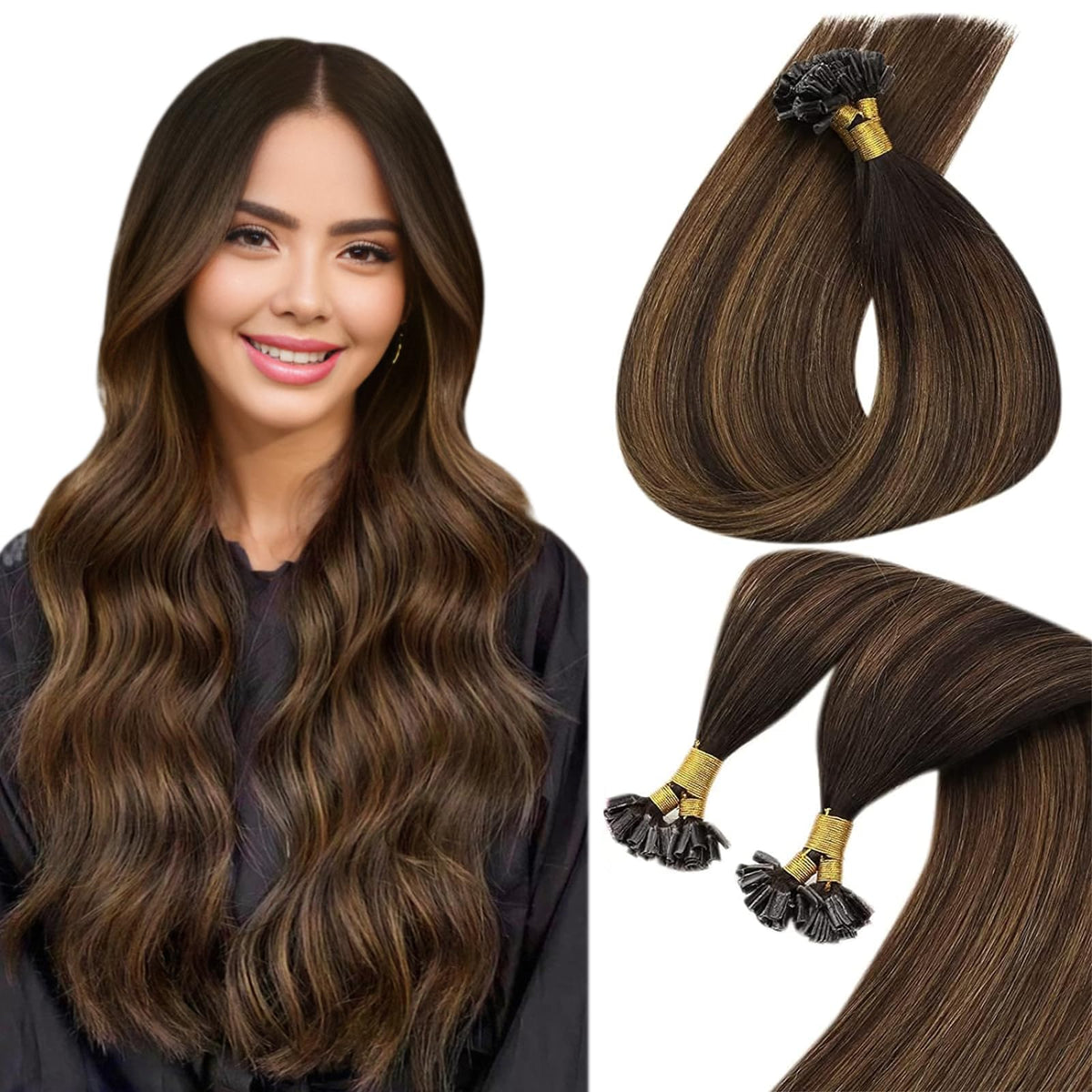 Sunny Hair Brown U Tip Hair Extensions Human Hair 22Inch Utip Hair Extensions Dark Brown With Medium Brown Balayage U Tip Hair E