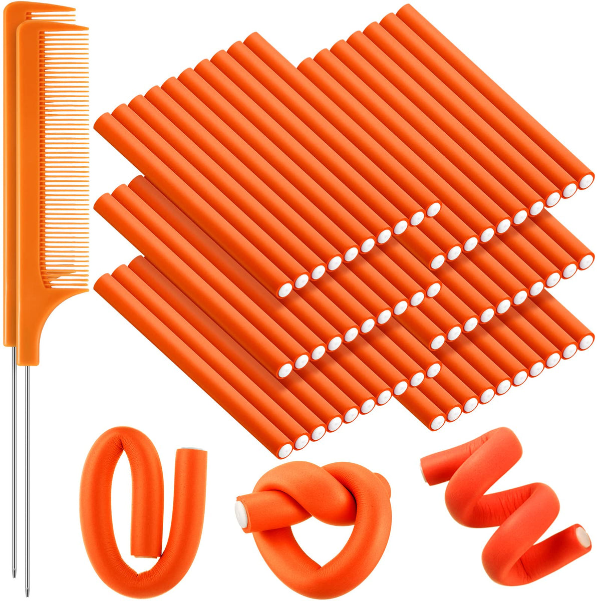 60 Flexible Curling Rods Hair Rollers Twist Set For Long/Short Hair - No Heat, Orange (0.7 X 9.5 Inch)