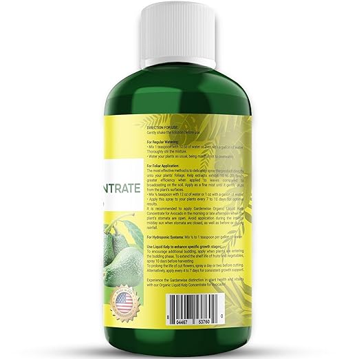 Organic Premium Kelp Seaweed Fertilizer - Liquid Plant Food - Nutrient-Rich Soil Enhancer - Improves Fruit Yield and Quality - Natural Plant Food for Avocado Tree (32 OZ)