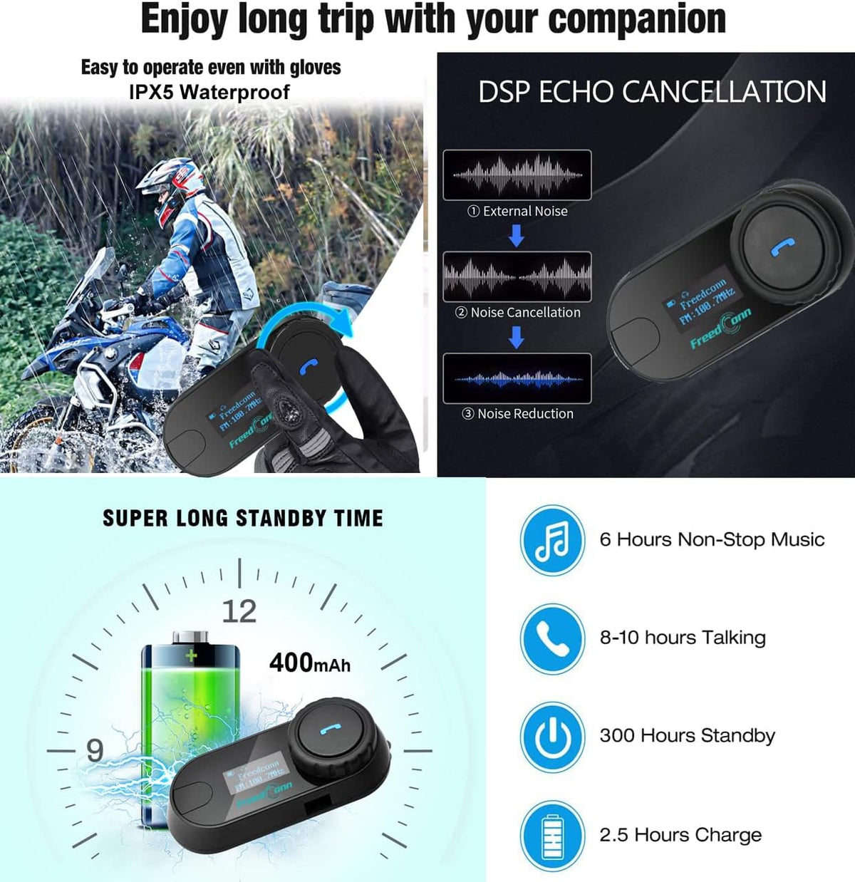 FreedConn TCOM-SC Motorcycle Helmet Bluetooth Intercom Headset Communication Systems Kit, for 2 or 3 Riders, LCD Screen/FM Radio/Mobile phone/MP3/GPS Connective/Range 800m / Handsfree (2 Set)