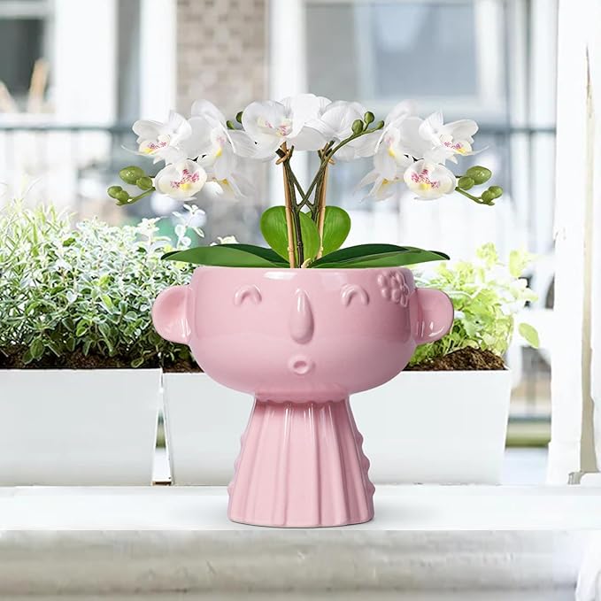 Face Pots for Plants - 7 Inch Ceramic Face Planters Pots Head for Indoor Outdoor, Small Funny Succulent Planters with Drainage Hole, House Room Apartment Decor, Gifts for Women, Bright Pink