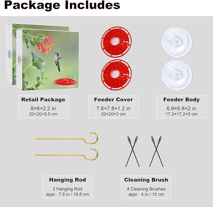 Hummingbird Feeders for Outdoors Hanging (2 Pack), 25 Feeding Ports 10 oz Plastic Hummingbird Feeder, Bee-Proof Leak-Proof No Drip, Easy to Clean with Cleaning Brushes