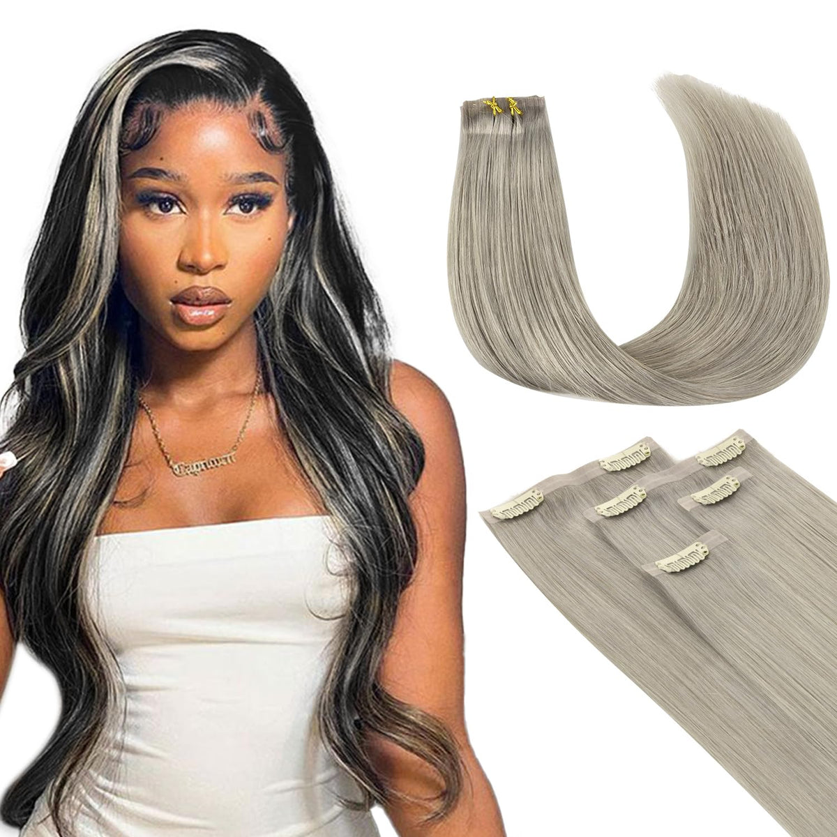 Lashey Grey Seamless Clip In Hair Extensions Human Hair 4Pcs 58G 24 Inch Long Straight Hair Extensions Real Human Hair