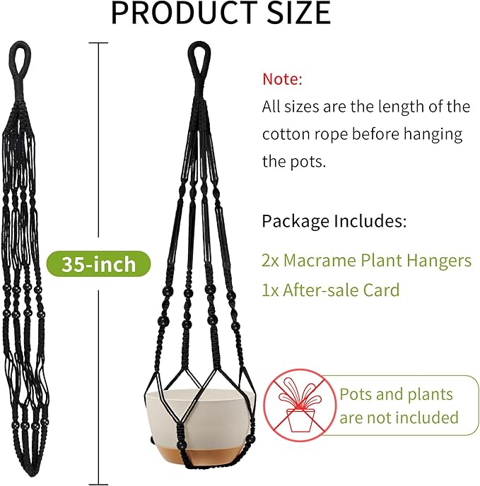 35 Inch Macrame Plant Hanger - Fits 4-13 Inch Pots, Supports Up to 22lbs, Sturdy Hanging Planter Holder for Indoor Outdoor, Boho Home Decor, 2 Pack, Black (POTS NOT Included)