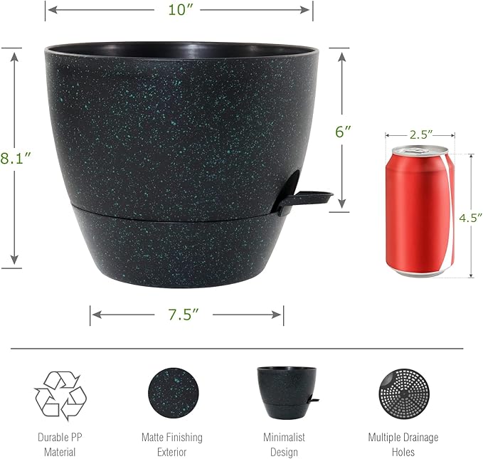 WOUSIWER 10 inch Self Watering Planters, 2 Pack Large Plastic Plant Pots with Deep Reservior and High Drainage Holes for Indoor Outdoor Plants and Flowers, Speckled Black with Green