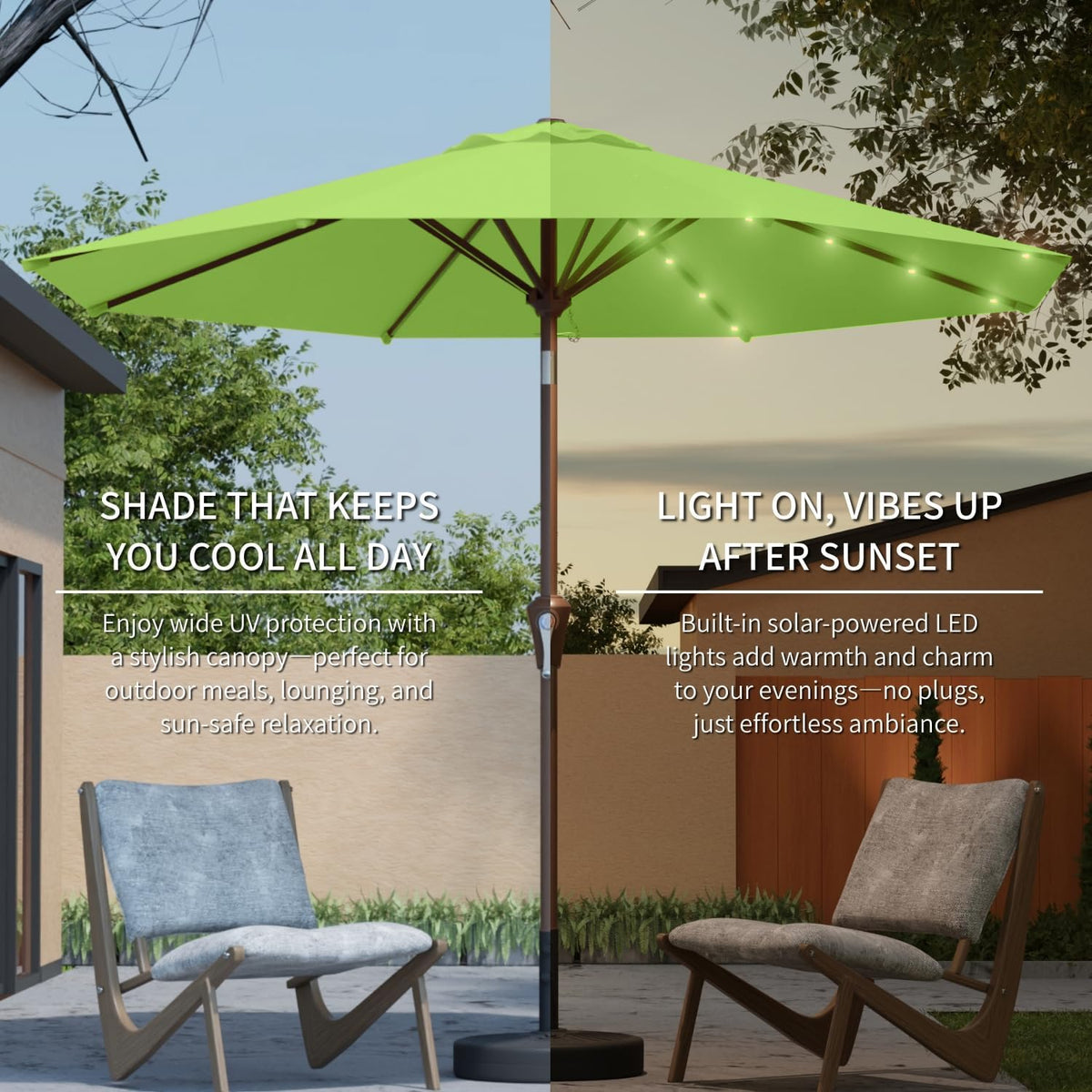 9FT Solar Umbrella 32 LED Lighted Patio Umbrella Table Market Umbrella w/Tilt and Crank, UV-Resistant Outdoor Umbrella for Pool, Garden, Deck, Apple Green