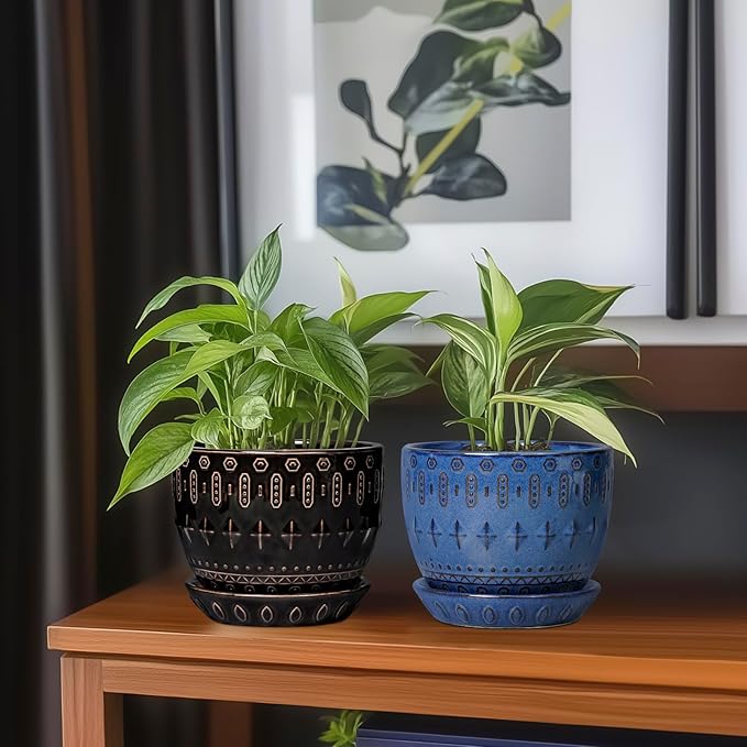 G EPGardening Ceramic Pot for Plants 5.5 Inch - Ceramic Plant Pot Indoor with Drainage Hole and Saucer, Round Boho Planter for Indoor Plants Outdoor, Housewarming Gifts, Garden Office Decor, Black