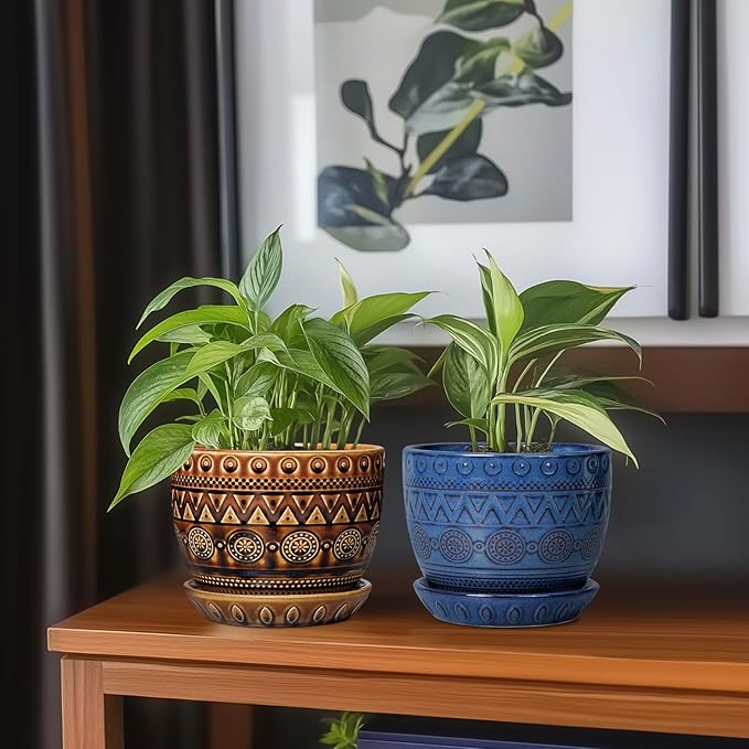 G EPGardening Ceramic Pot for Plants 5.5 Inch - Ceramic Plant Pot with Drainage Hole and Saucer, Boho Round Planter for Indoor Outdoor Plants, Plant Lover Gifts, Office Garden House Decor, Brown