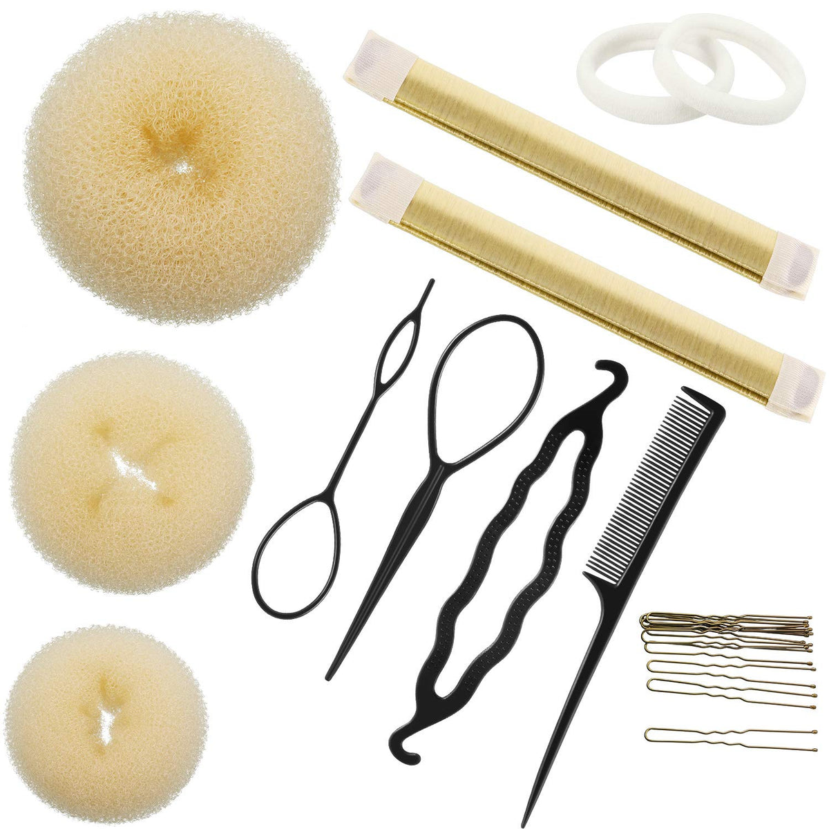 Hair Bun Maker Kit, Includes Donut Shapers, Bun Markers, Ponytail Tools, Bobby Pins, And Elastic Bands For Women And Kids (Beige