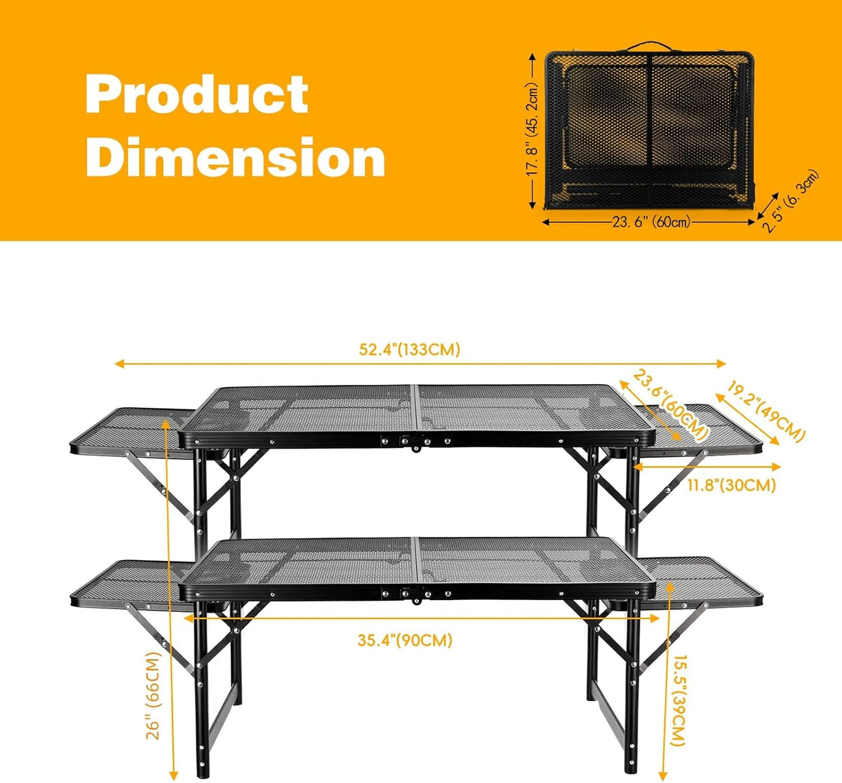 Grill Table Folding Table with 2 Wing Panels 3FT+1.4 FT with with 1×2/5 L Storage Bag Mesh Desktop 2 Height Adjustable Portable Grill for Outdoor Indoor Beach BBQ Picnic Travel RV Black