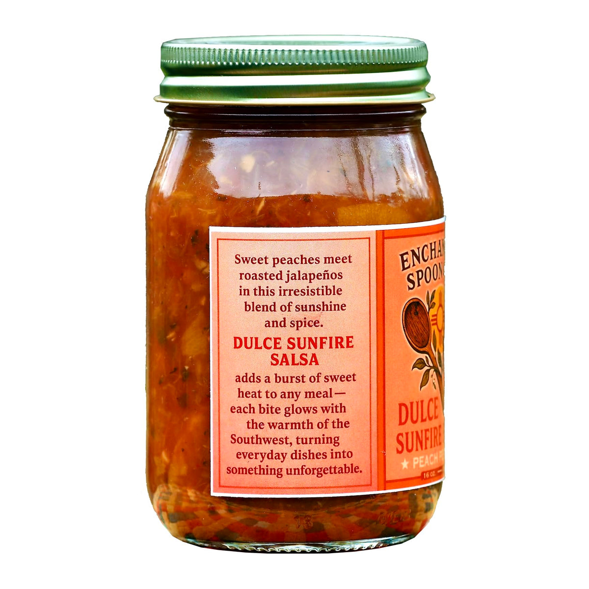 Enchanted Spoon & Co. Dulce Sunfire Salsa, Peach Jalapeno & Pepper Salsa, Sweet Heat Fruit Salsa, 16 oz Glass Jar