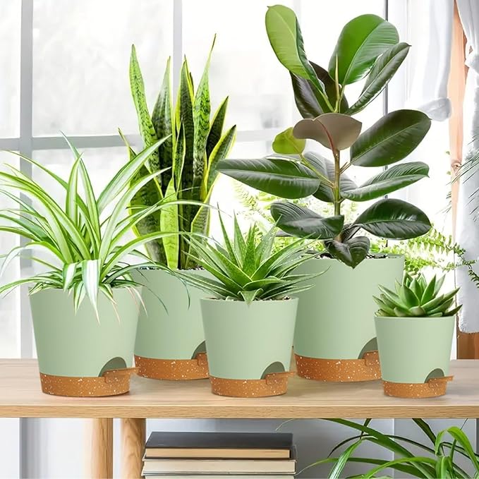 7/6.5/6/5.5/5/4 inch Self Watering Pots for Indoor Outdoor Plants, 6 Pack Plastic Flower Planters with Drainage Holes and Removable Saucers, Plant Pots with Wicking Rope, Green Brown