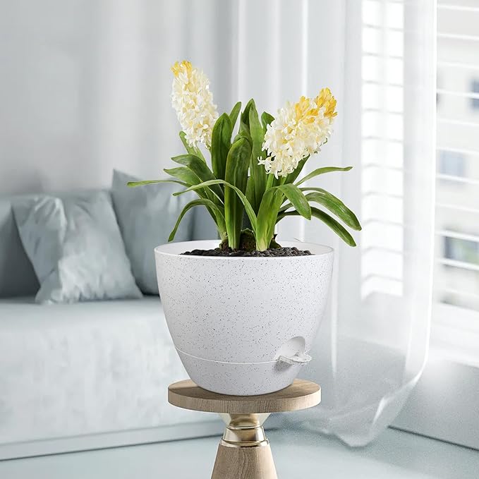 12 inch Large Self Watering Pots for Indoor Outdoor Plants, Plant Pots with Mesh Drainage Holes for Garden House Plants, Plastic Planters with Reservoir for Flower, Speckled White