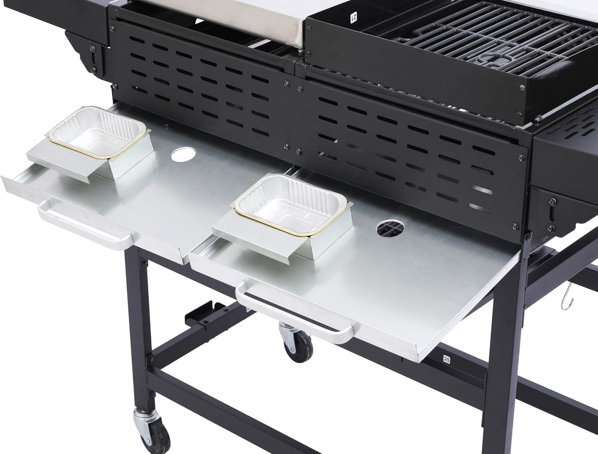 4-Burner Propane Gas BBQ Grill with SS Plancha, 38,200 BTU Output, Wire Enamel Cooking Grids, Foldable Side Table and Hanging Basket, Heavy-Duty Stainless Steel Grill
