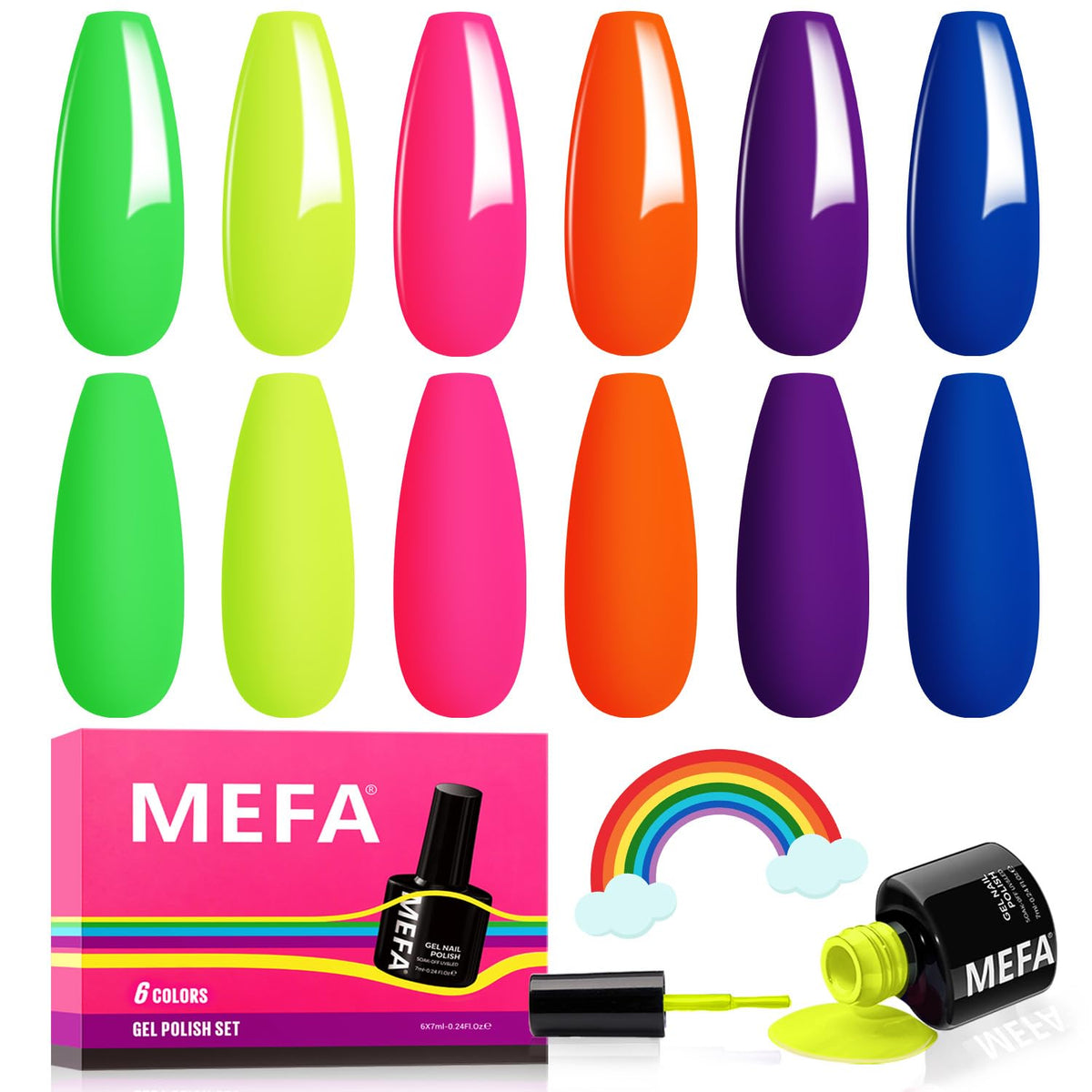 Mefa Neon Gel Nail Polish Set 6 Colors, Summer Neon Green Lime Yellow Pink Navy Blue Purple Orange Bright Vibrant Pride Month So