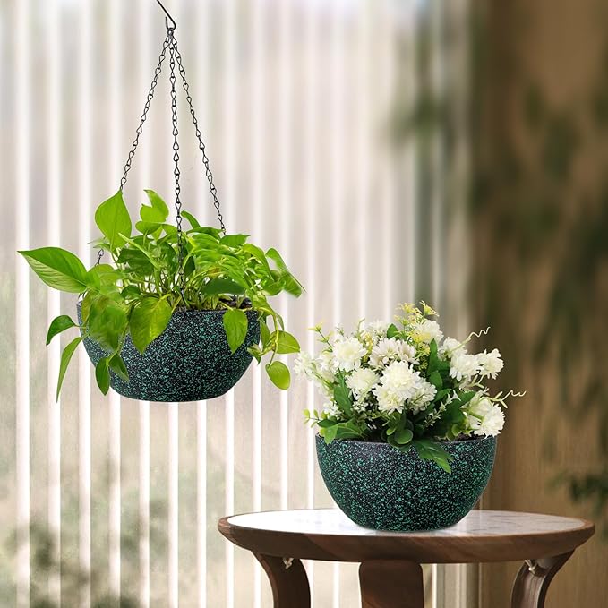 10 inch Hanging Planters for Indoor Outdoor Plants, 2 Pack Hanging Flower Pots with Drainage Holes and Chain for Garden, Plastic Hanging Baskets for House Plants, Black with Green Speckles