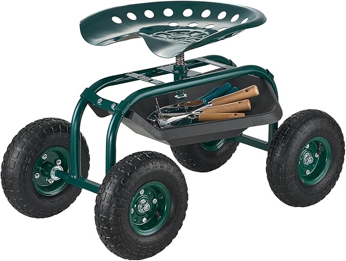 VEVOR Rolling Garden Cart with Swivel Seat, Heavy Duty Garden Seat with Storage Basket & Tool Tray, 300 lbs Weight Capacity, Outdoor Utility Gardening Stool Scooter for Lawn Yard Planting Weeding