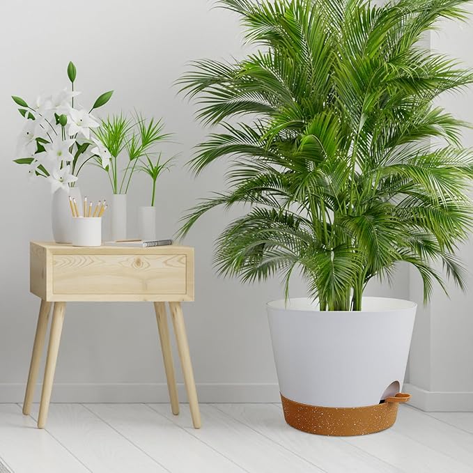 12 inch Large Self Watering Pots for Indoor Outdoor Plants, Flower Plant Pots with Drainage Holes for Garden House Plants, Plastic Planters with Reservoir for Home Plants, White with Brown