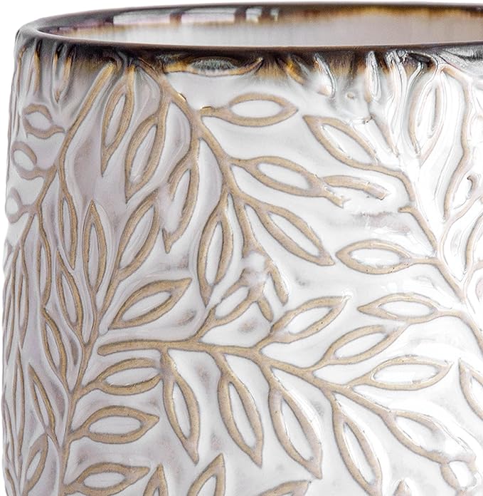 D'vine Dev 6 Inch Embossed Leaves Stoneware Planter Pot with Drainage Hole and Saucer, Smoked White, Set of 1, 27-A-X-1