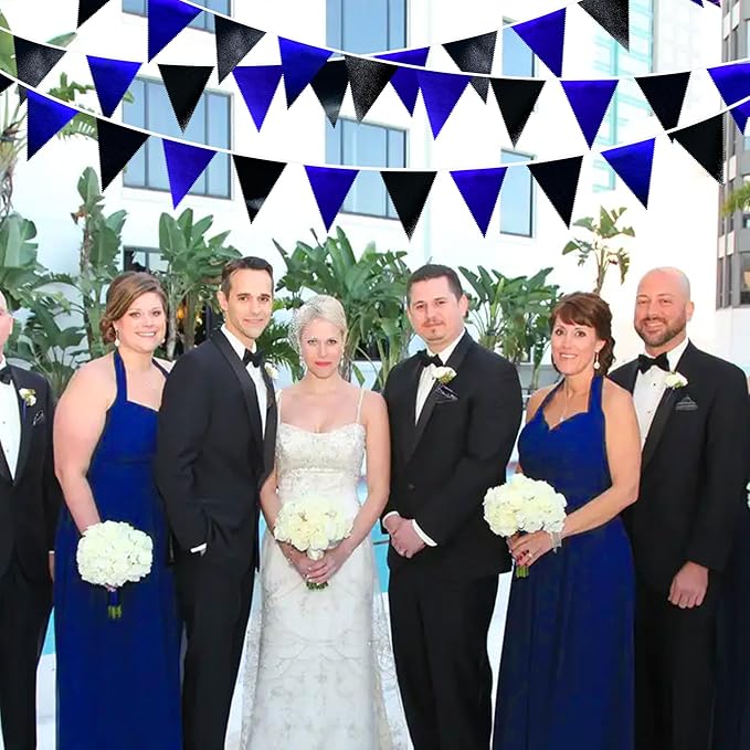 Royal Blue Black Party Decorations Navy Black Metallic Fabric Triangle Pennant Banner Flag Bunting Garland for Graduations Birthday Retirement Wedding Bachelorette Nautical Outdoor Party Supplies