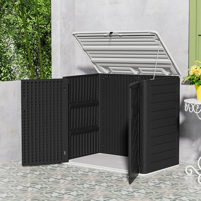 Resin Outdoor Storage Shed, 38 cu.ft Outdoor Storage Box Waterproof for Garden Tools, Patio Furniture, Trash Cans, Garage Storage, Lockable (Black)