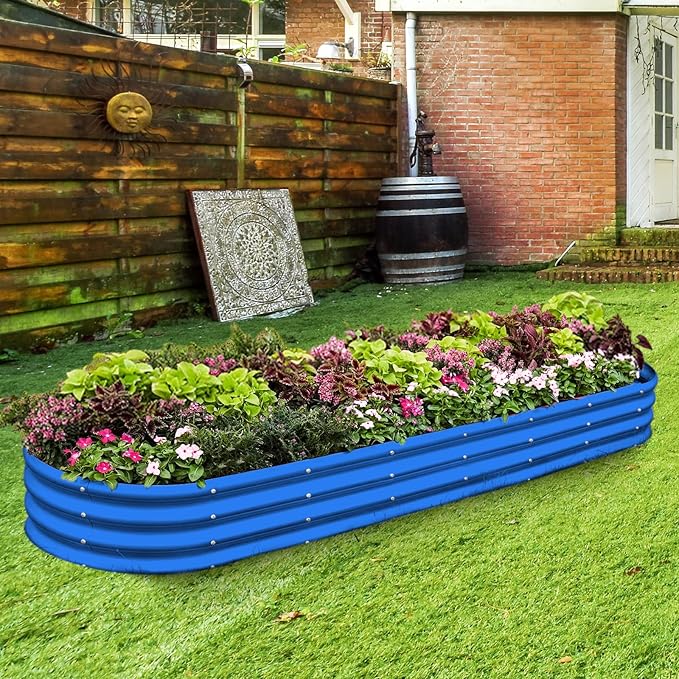Land Guard 8×2×1ft Galvanized Raised Garden Bed Kit, 108 Gallon Capacity Raised Garden Boxes Outdoor, Oval Metal Raised Garden Beds for Vegetables, Blue(with 10 Connecting rods)