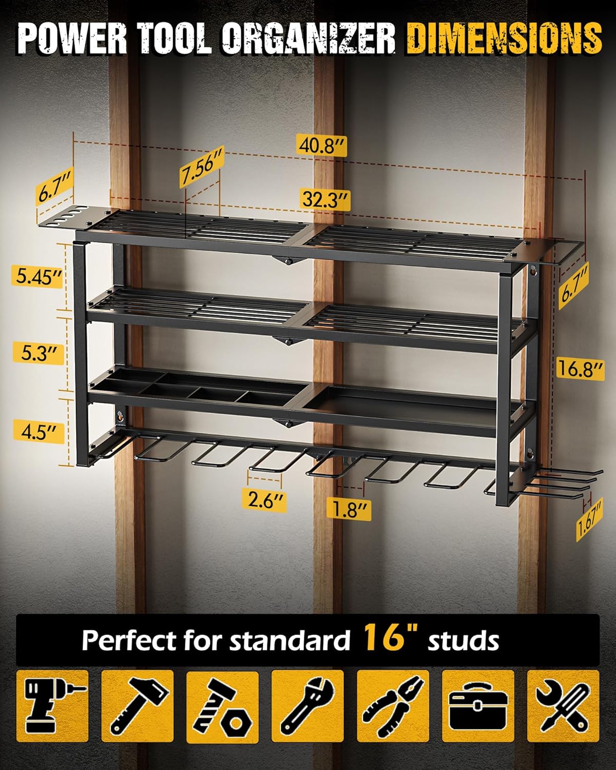 MAXIFFE 4 Layer Power Tool Organizer, 9 Drill Holder Heavy Duty Metal Wall Mount Cordless Tool Organizers and Storage Rack Holder for Garage Workshop Pegboard, Gifts for Men, Black, 32 inch