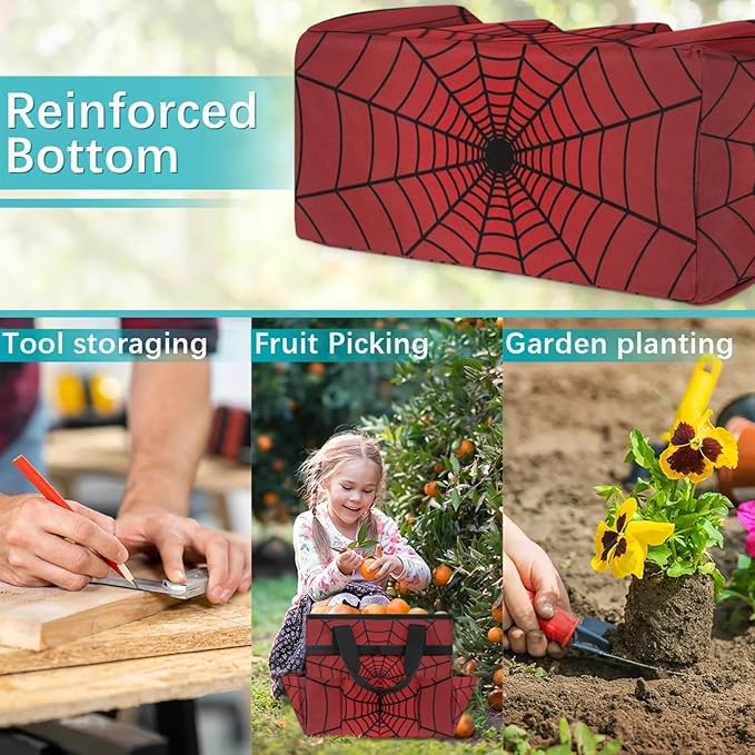 Spiders Web Red Gardening Tool Bag,Heavy Duty Garden Tote Bag,Portable Oxford Gardening Storage Basket Organizer Handbag with Pockets Handle,Hand Tools Gifts for Outdoor Garden Lawn