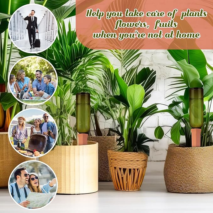 12 Sets Plant Watering Devices Include Terracotta Self Watering Spikes and 26 oz Plastic Bottles, Slow Release Vacation Insert Automatic Plant Waterer Device (Green and Terracotta)