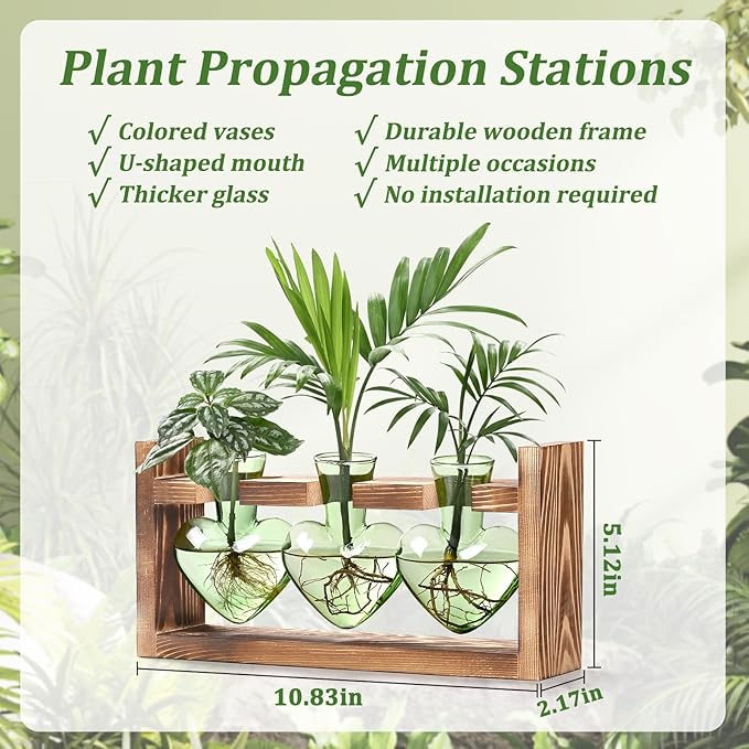 Lifecapido Heart Shaped Propagation Stations, Plant Terrarium with Wooden Stand, Plant Propagation Station for Hydroponics Office Garden Home Decor, Gifts for Women Plant Lover (3 Vases, Mint Green)
