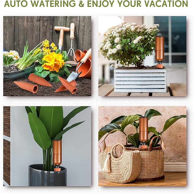 Baderke 8 Pcs 4 Set Plant Watering Devices, Terracotta Watering Spikes with 25 oz Plastic Wine Bottles, Slow Release Vacation Insert Automatic Plant Waterer Device for Indoor Outdoor