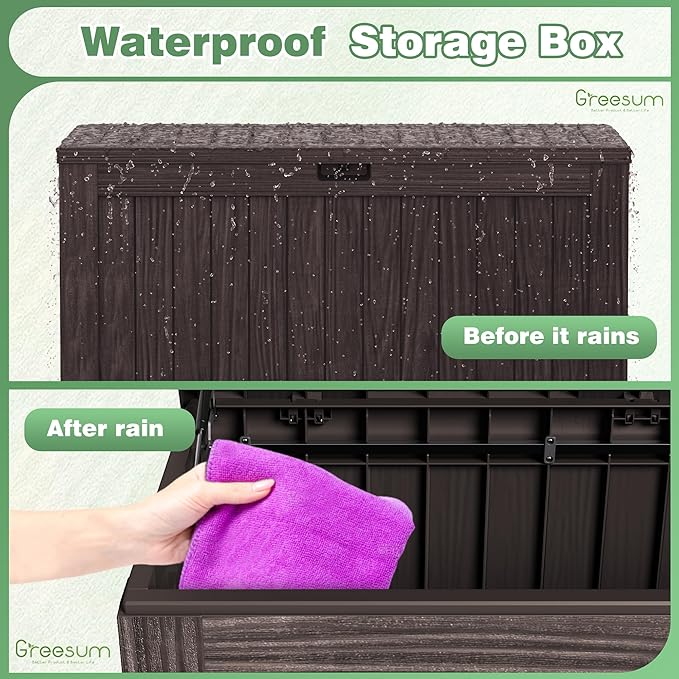 Greesum 120 Gallon Outdoor Storage Box with Lock - Large Resin Deck Box, Reinforced Lid for Garden, Patio, Lawn, Brown