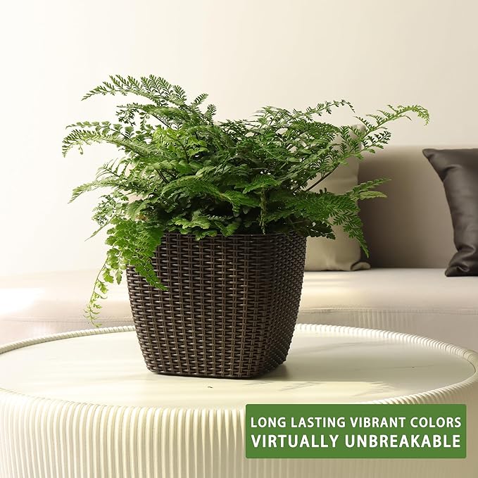 Dexceder 11x10 Self Watering Planter Indoor Outdoor, Inner Mat Design, Thickened Table Flower Plant Pot with Water Level Indicator (Brown Rattan)