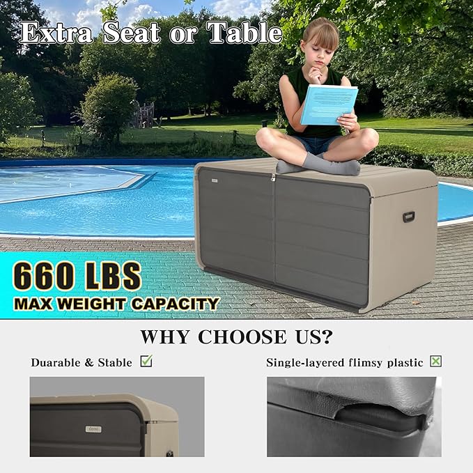 Domi 260 Gallon Resin Deck Box, Waterproof & UV-Resistant Outdoor Large Storage Box Lockable Storage Bin for Patio Cushions Pool Supplies Garden Tools and Delivery Storage